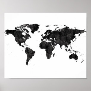 Affiche Aquarelle noire Carte du monde Grunge Art Travel