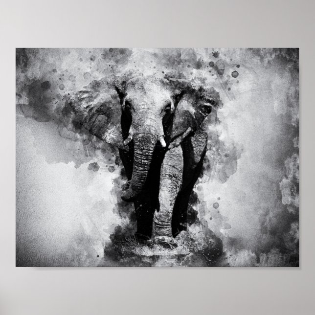 Affiche Aquarelle noire et blanche africaine Eléphant (Devant)