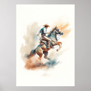 Affiche Aquarelle occidentale poussiéreuse « Bucking Bronc