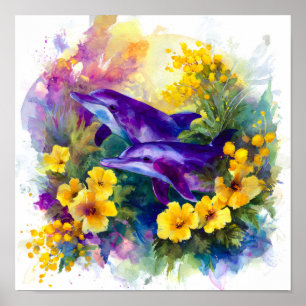 Affiche Aquarelle Océan Dauphins Fleurs Tropicales
