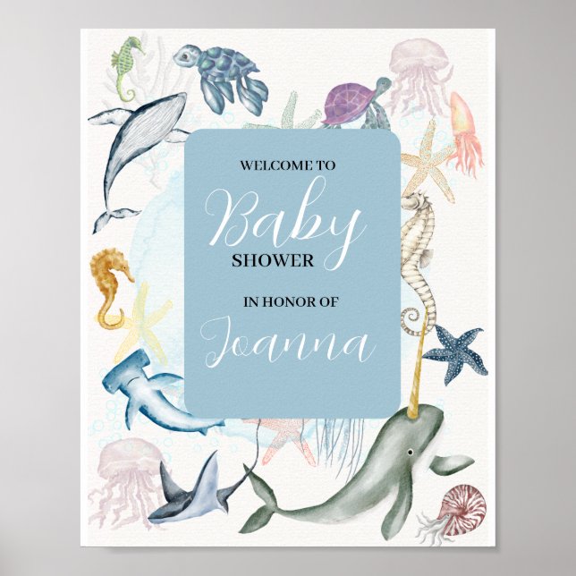 Affiche aquarelle océan thème baby shower accueil (Devant)