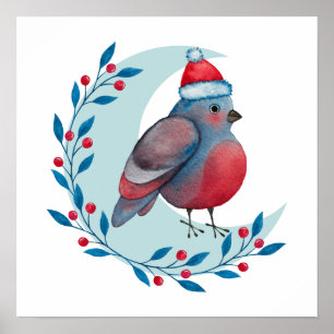 Affiche Aquarelle Oiseau bleu Noël sur lune