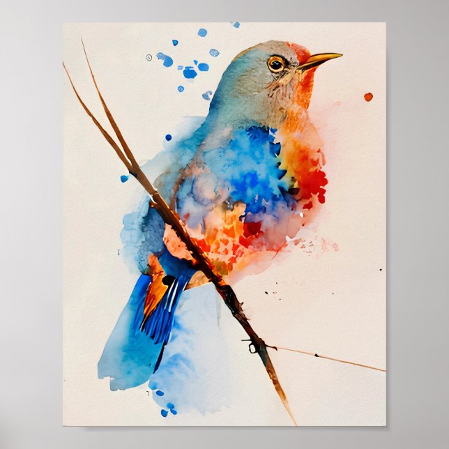 Affiche Aquarelle Oiseau Peinture Toile Mur Art Bleu Oisea (Devant)