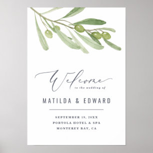 Affiche Aquarelle olives branche bienvenue à notre mariage