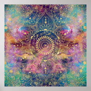 Affiche Aquarelle or et nébuleuse mandala