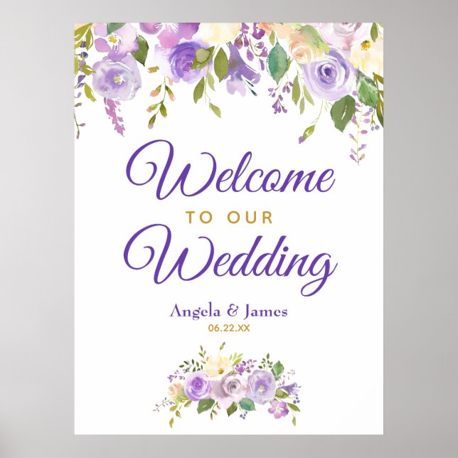 Affiche Aquarelle or violet Mariage Floral Bienvenue (Devant)