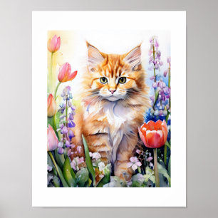Affiche Aquarelle Orange Tabby Kitty Chat Dans Le Jardin F