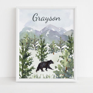 Affiche Aquarelle Ours de forêt de montagne Personnalisé