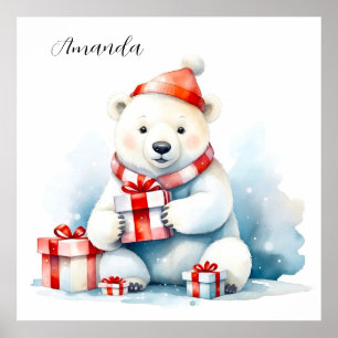 Affiche Aquarelle Ours Polaire Blanc Noël Mignon