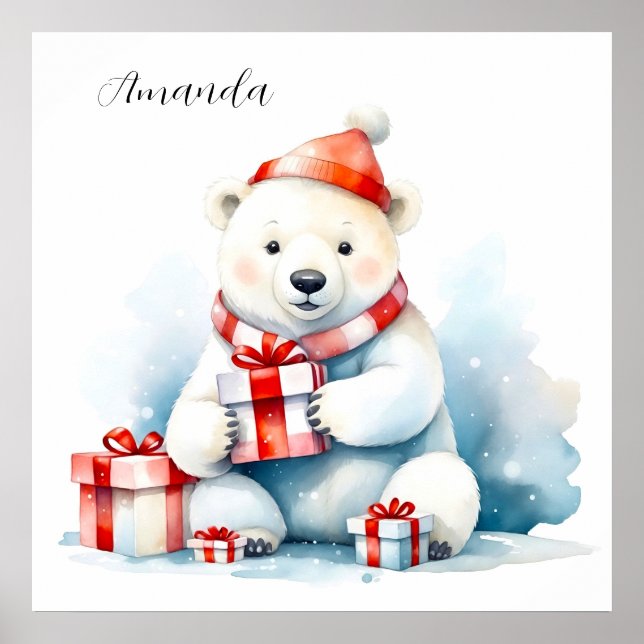 Affiche Aquarelle Ours Polaire Blanc Noël Mignon (Devant)
