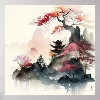 Affiche Aquarelle Pagode Art