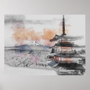 Affiche Aquarelle Pagode japonaise & Mont Fuji