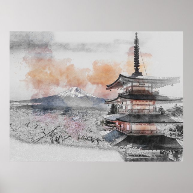 Affiche Aquarelle Pagode japonaise & Mont Fuji (Devant)