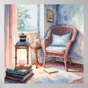 Affiche Aquarelle paisible Lecture Nook Art