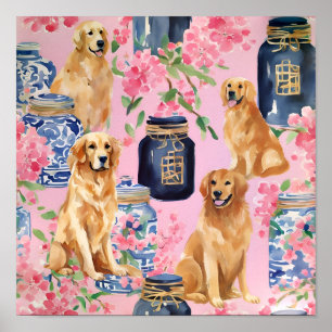 Affiche Aquarelle Palm Beach Golden Retrivers Ginger Jar