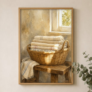 Affiche aquarelle Panier en osier avec linge