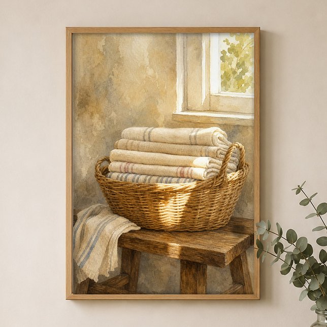 Affiche aquarelle Panier en osier avec linge (Shown framed for scale. Poster ships unframed; frames are an optional add-on.)