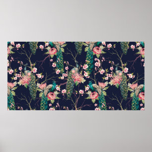 Affiche aquarelle paon motif sur une cerise d'arbre, fleur