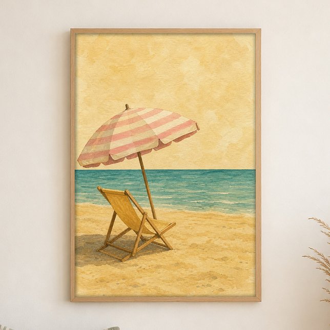Affiche aquarelle parasol et chaise de plage (Shown framed for scale. Poster ships unframed; frames are an optional add-on.)
