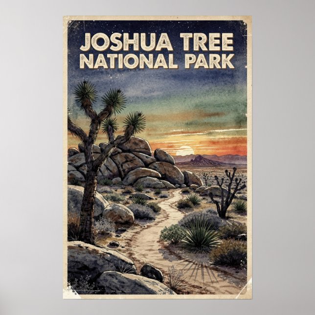 Affiche Aquarelle Parc national de Joshua Tree Rétro (Devant)