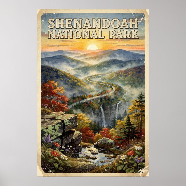Affiche Aquarelle Parc national de Shenandoah Rétro (Devant)