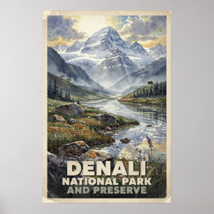Affiche Aquarelle Parc national et réserve de Denali Rétro