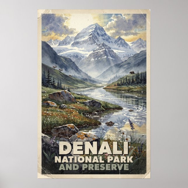 Affiche Aquarelle Parc national et réserve de Denali Rétro (Devant)