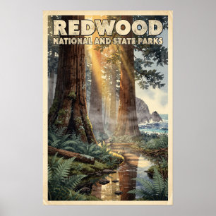 Affiche Aquarelle Parcs nationaux et d'État de Redwood Rét