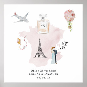 Affiche Aquarelle Paris Mariage à thème Bienvenue Monogram
