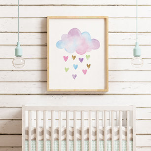 Affiche Aquarelle Pastel Coeurs Cloud Baby Girl Nursery