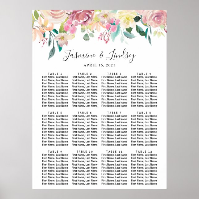 Affiche Aquarelle Pastel Floral Mariage Chart (Devant)