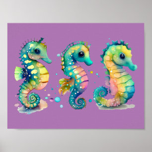 Affiche Aquarelle Pastel Rainbow Seahores