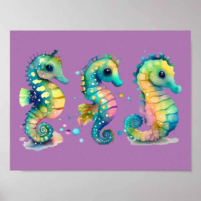 Affiche Aquarelle Pastel Rainbow Seahores (Devant)