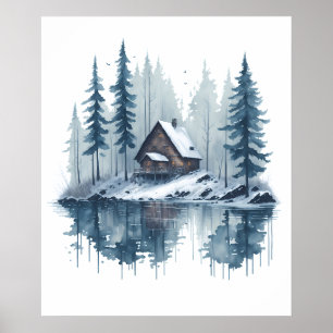 Affiche Aquarelle paysage neigeux avec Cabine Lakeside