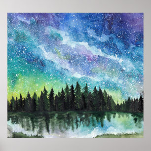 Affiche Aquarelle paysage nocturne, Voie Lactée