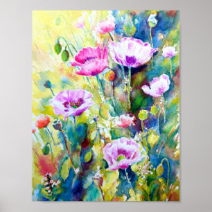 Affiche Aquarelle peignant les pavots pourpres
