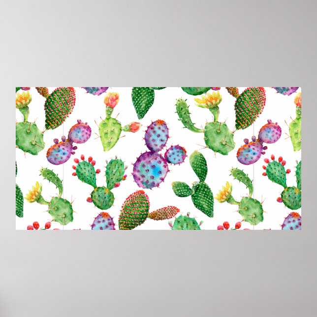 Affiche Aquarelle peinte à la main de cactus tropicaux. In (Devant)