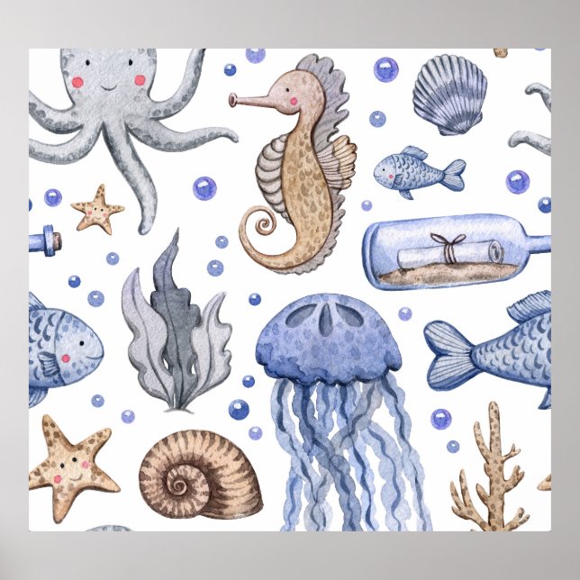Affiche Aquarelle Peinte à la main Motif de mer. (Devant)