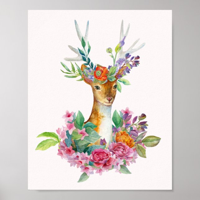 Affiche Aquarelle peinte Floral Baby Deer Baby Nursery (Devant)