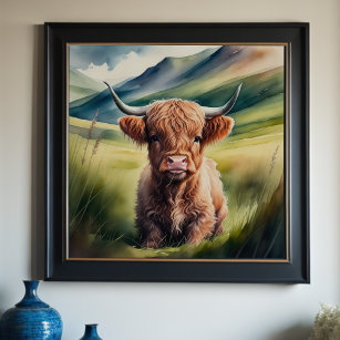 Affiche Aquarelle Peinture Baby Highland Vache assis 1:1