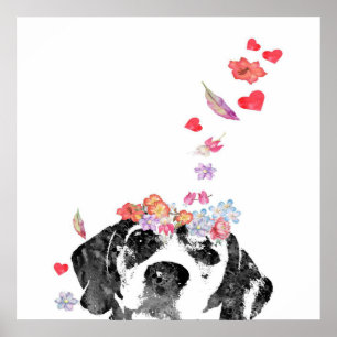 Affiche Aquarelle Peinture Beagle Chien Fleurs de couronne
