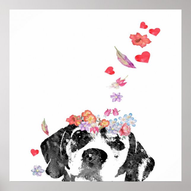 Affiche Aquarelle Peinture Beagle Chien Fleurs de couronne (Devant)