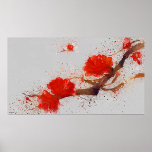 Affiche Aquarelle peinture branche fleurs rouges asiatique