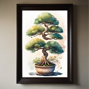 Affiche Aquarelle Peinture de Bonsai Tree en Pot