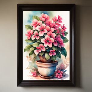 Affiche Aquarelle Peinture de Bouganvillea en Pot Rose