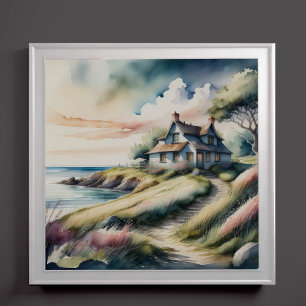 Affiche Aquarelle Peinture de chalet de bord de mer