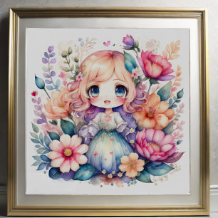 Affiche Aquarelle Peinture de Floral Kawaii Chibi 1:1