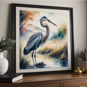 Affiche Aquarelle Peinture de Grand Héron Bleu 1:1