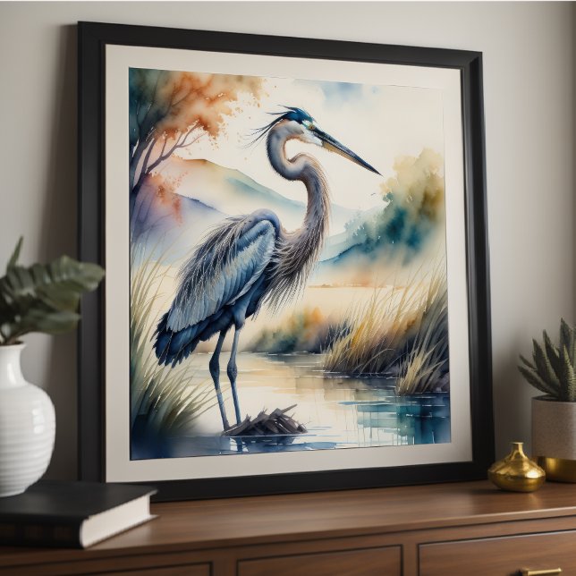 Affiche Aquarelle Peinture de Grand Héron Bleu 1:1 (Créateur téléchargé)