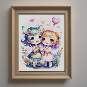Affiche Aquarelle Peinture de Kawaii Chibi 2 Female